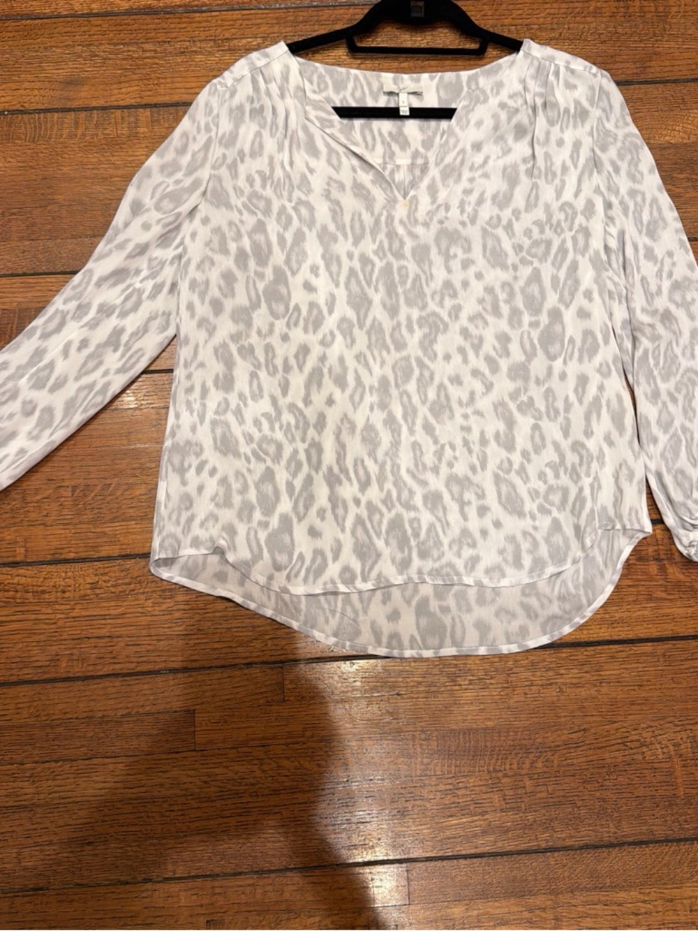 Joie White and Light Gray Leopard-Print V-Neck Long-Sleeve Blouse